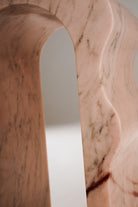 Top surface detail of Stine Stool 01 – polished Rosa Aurora marble